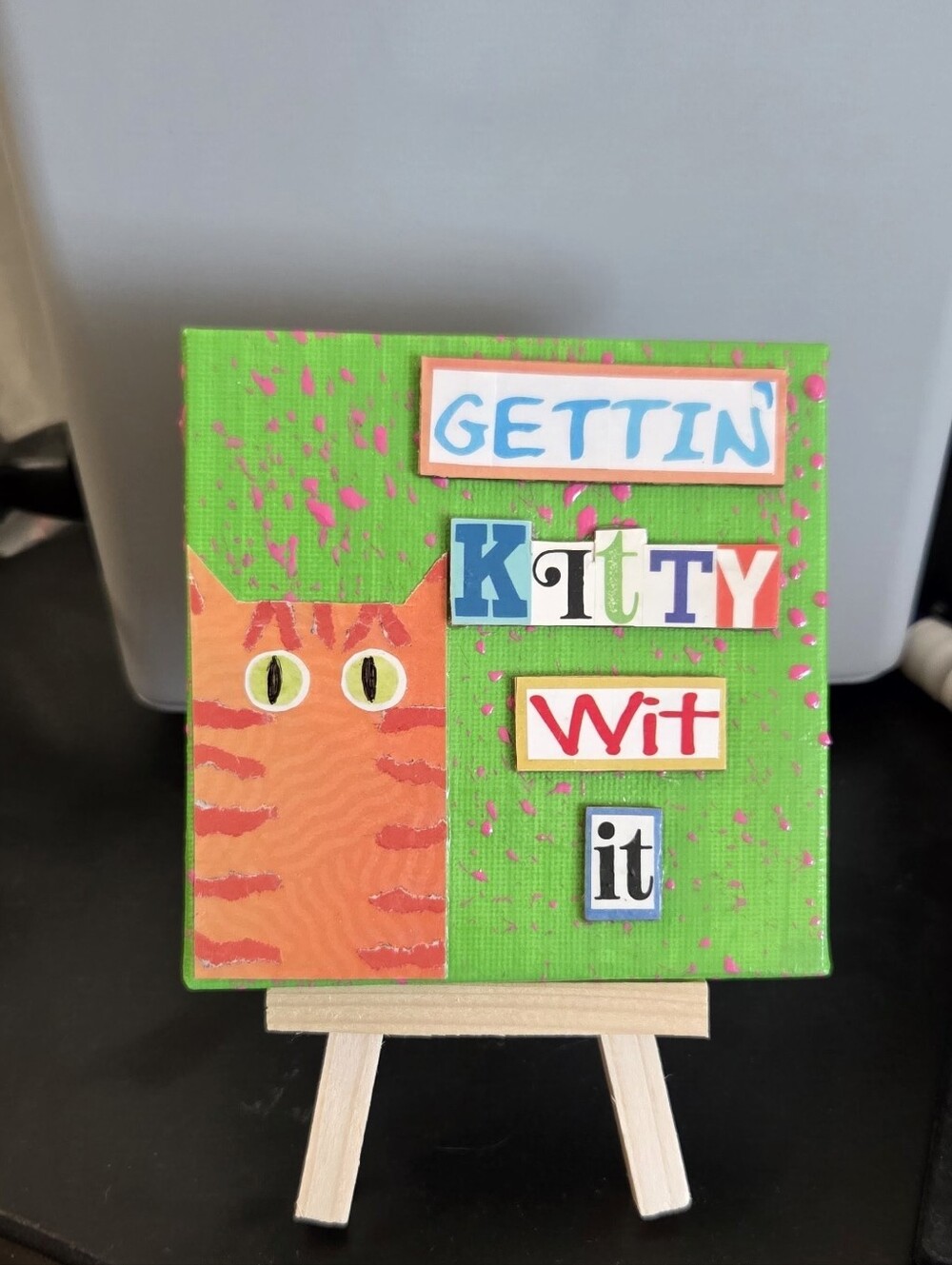Handmade Mixed Media GETTIN KITTY Wit it - Green Cat Wall Art Panel
